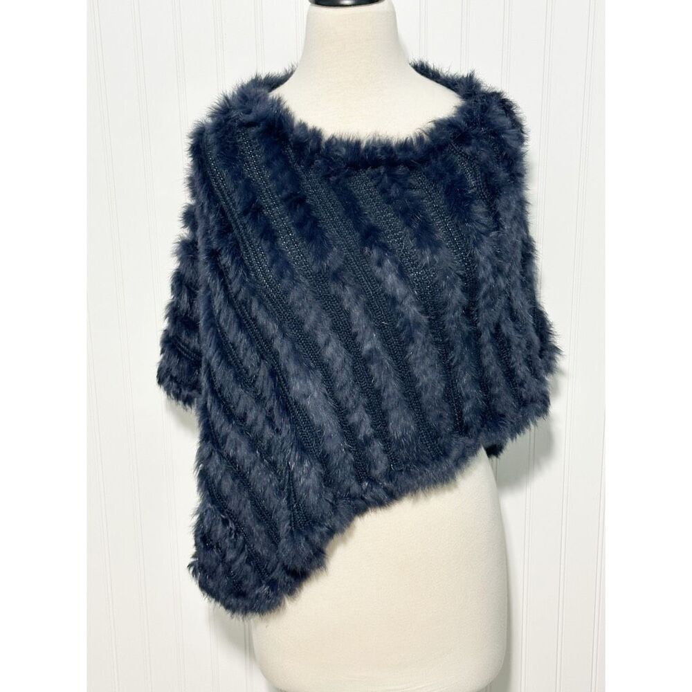 Marella Women's Asymmetric Hemline Wool Blend Soft Knitted Faux Fur‎ Poncho Blue